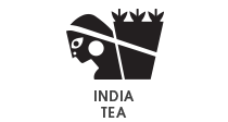 Black and white logo of a person holding a teacup with 'INDIA TEA' written below.