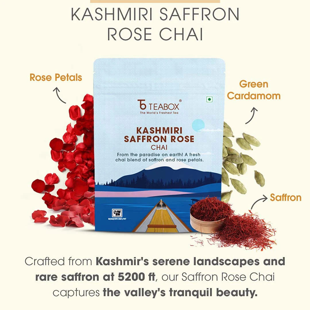 Packaging of Kashmiri Saffron Rose Chai with ingredients: rose petals, cardamom, and saffron.