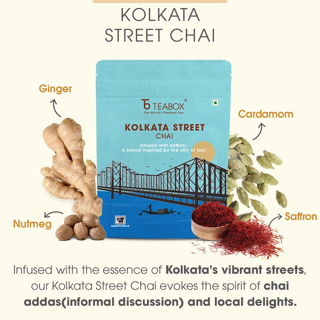 Teabox Kolkata Street Chai package with ginger, cardamom, nutmeg, and saffron ingredients illustrated.