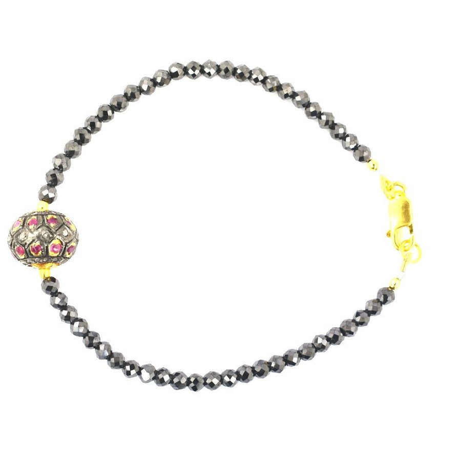 Black Diamond Beads With Ruby Pave Diamond Bead, Bracelet In Yellow Gold Clasp - ZeeDiamonds