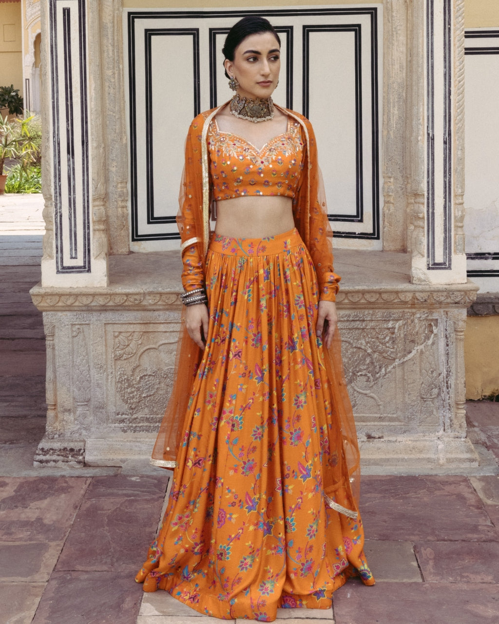 Tangerine Halter Top With Print Pants