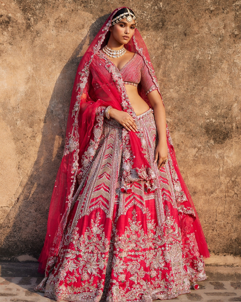 Burgundy Big Floral Jaal Bridal Lehenga Set