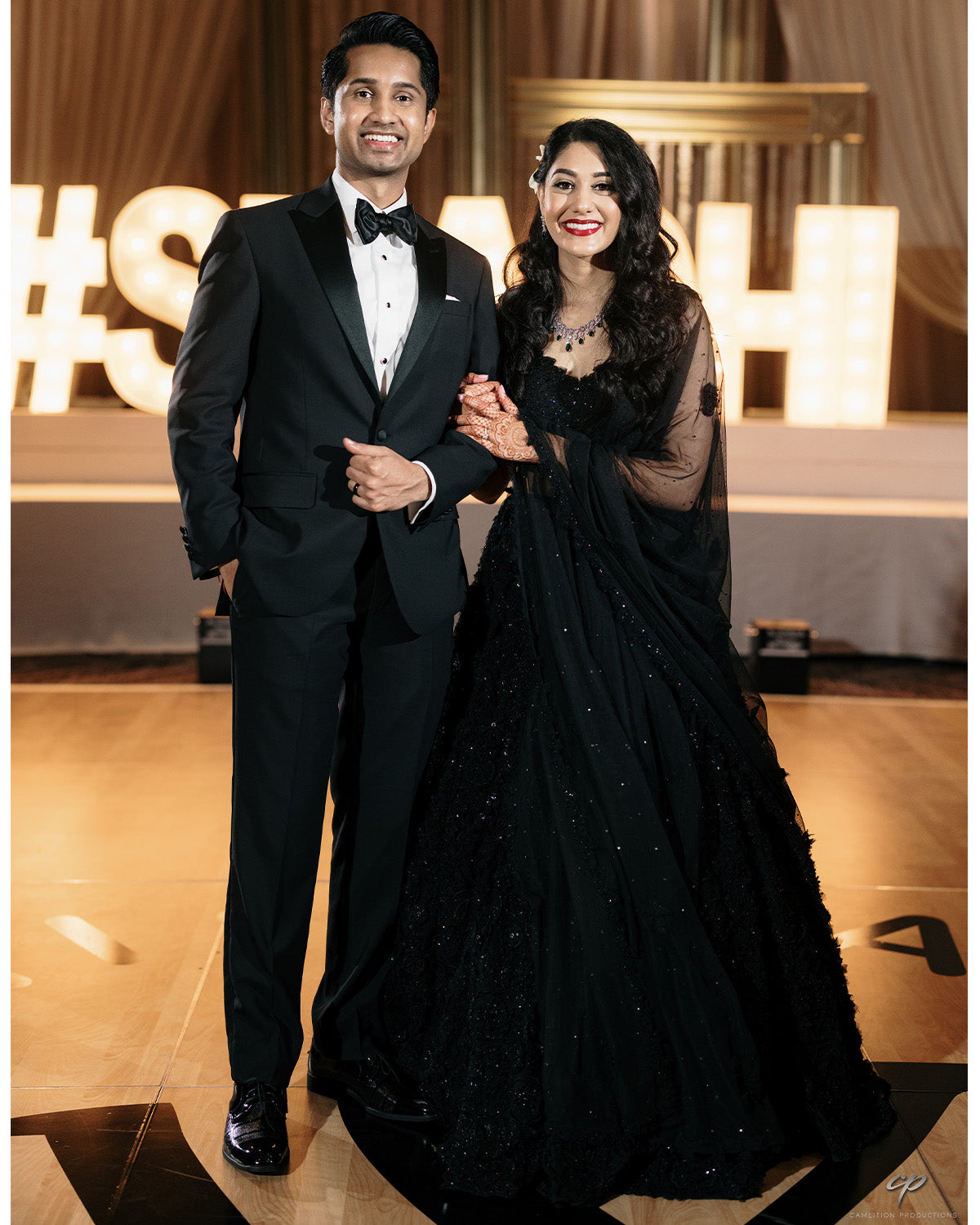 Vidhi Shah in a custom black Red Rose Lehenga by Seema Gujral at KYNAH