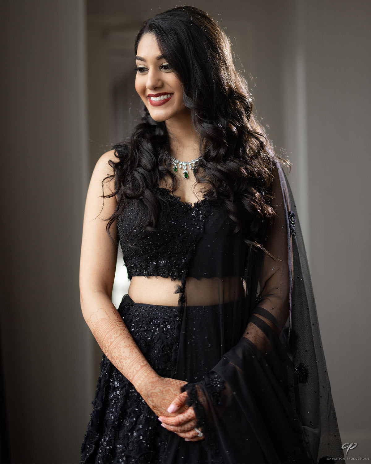 Vidhi Shah in a custom black Red Rose Lehenga by Seema Gujral at KYNAH