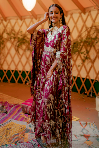 Maroon Chiffon Gold Kaftan