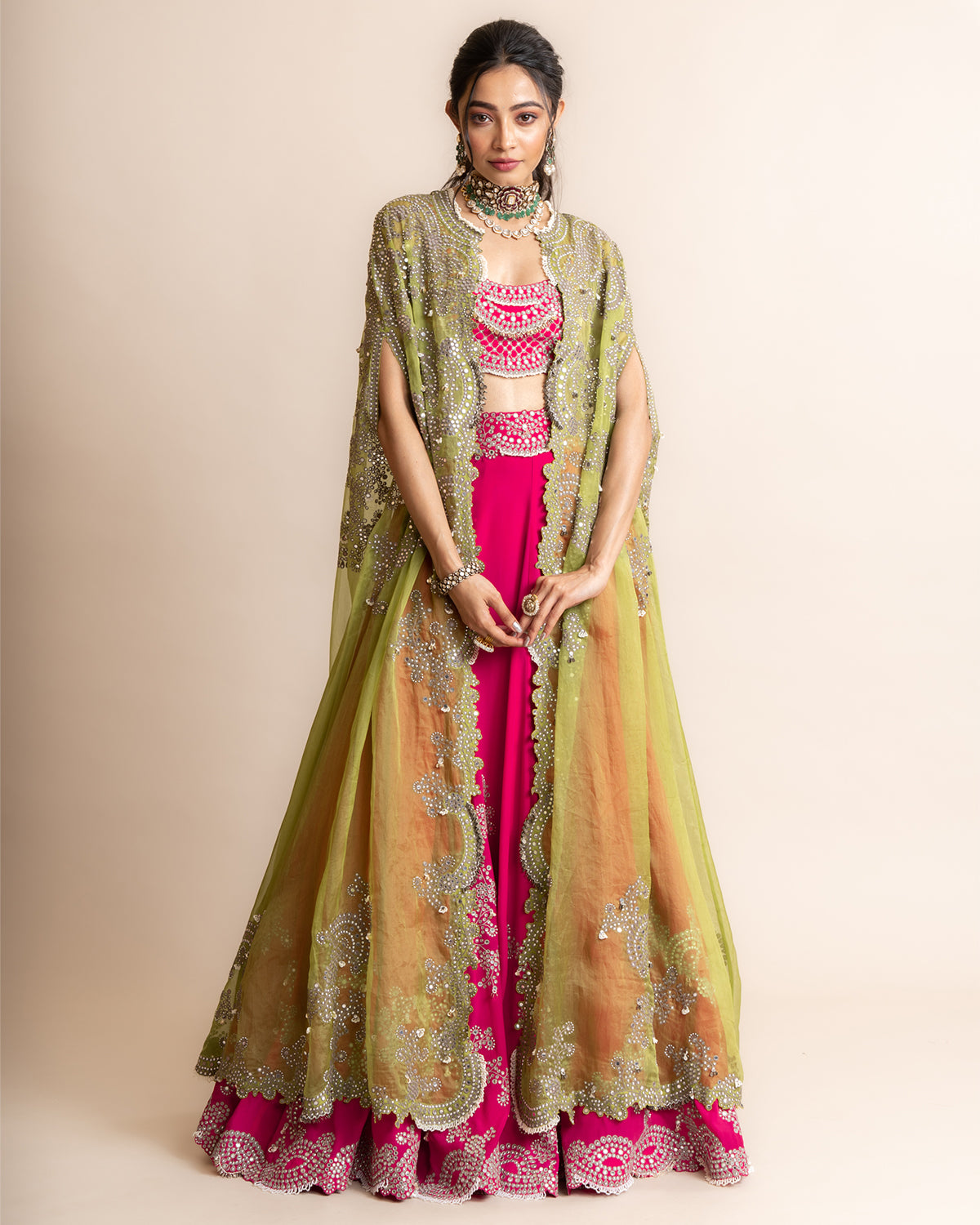 Timeless Pista green colored Heavy Embroidered Lehenga Set - Rent