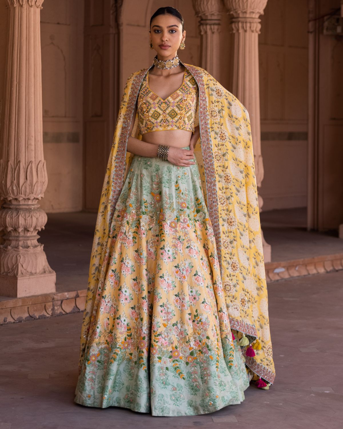 Yellow & Off White Lehenga – Cape Set – Label Anushree