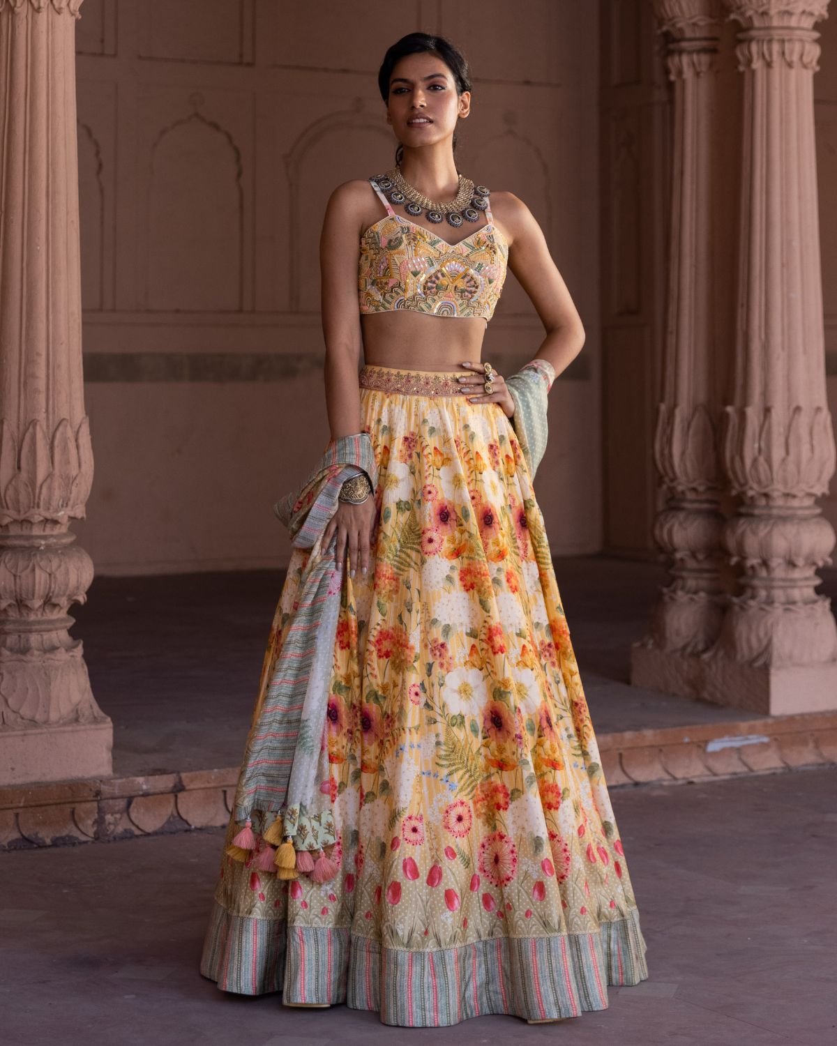 Yellow & Off White Lehenga – Cape Set – Label Anushree