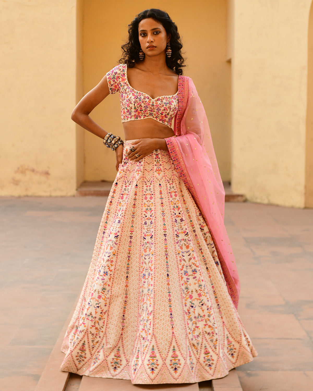 Full Floral White and Pink Short Sleeve Sweetheart Neck Lehenga ...