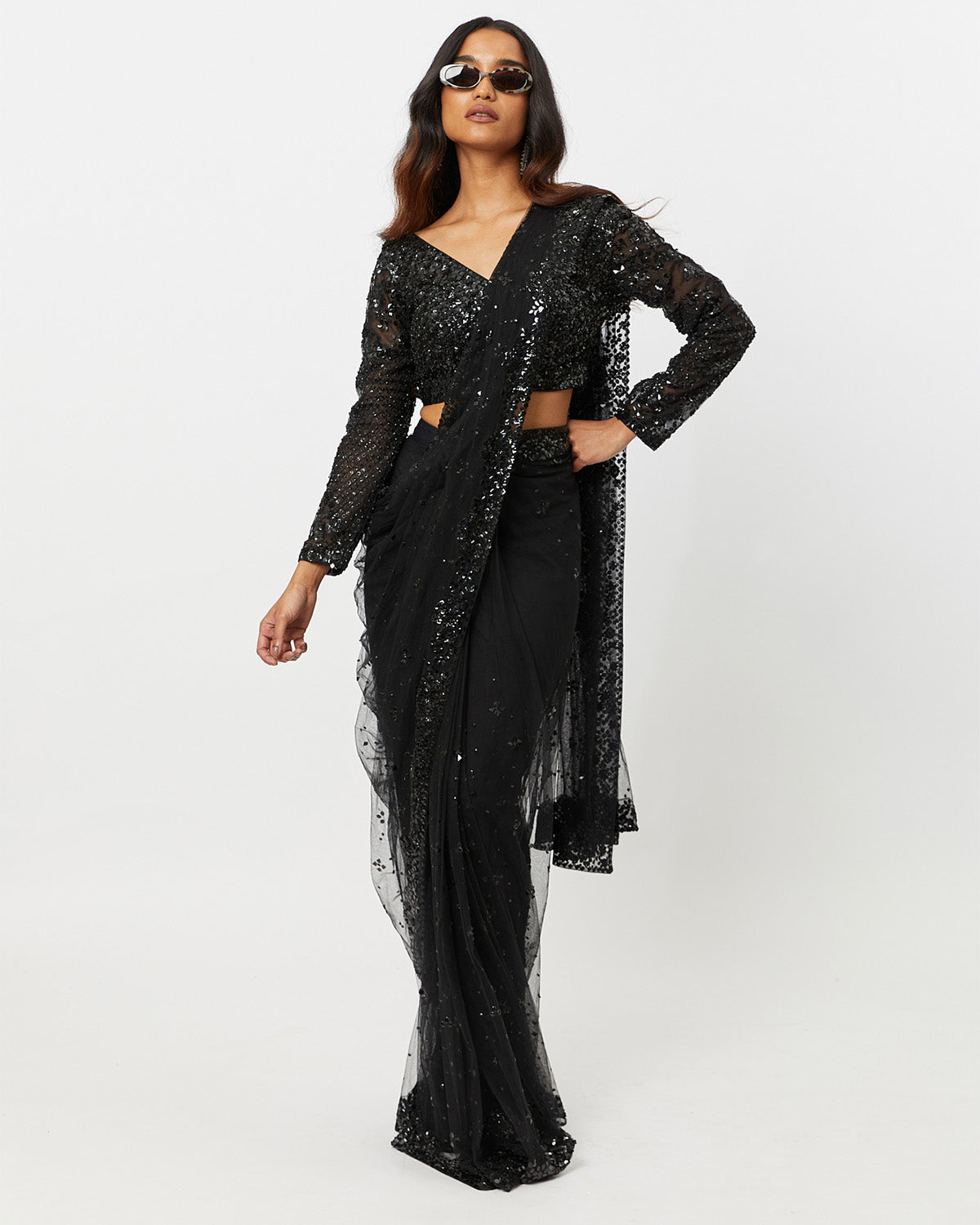 Black Net Sequinned Embroidered Ruffled Saree with Blosue Piece - JATRIQQ -  3747252