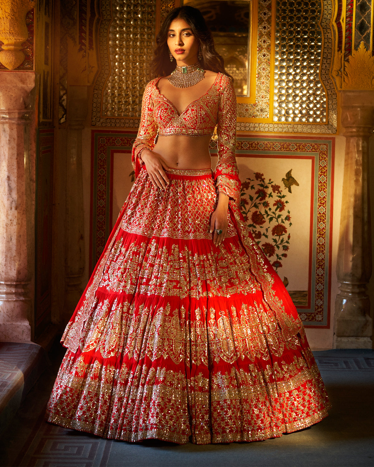 Red Zardosi Bridal Lehenga With Short Sleeve Blouse