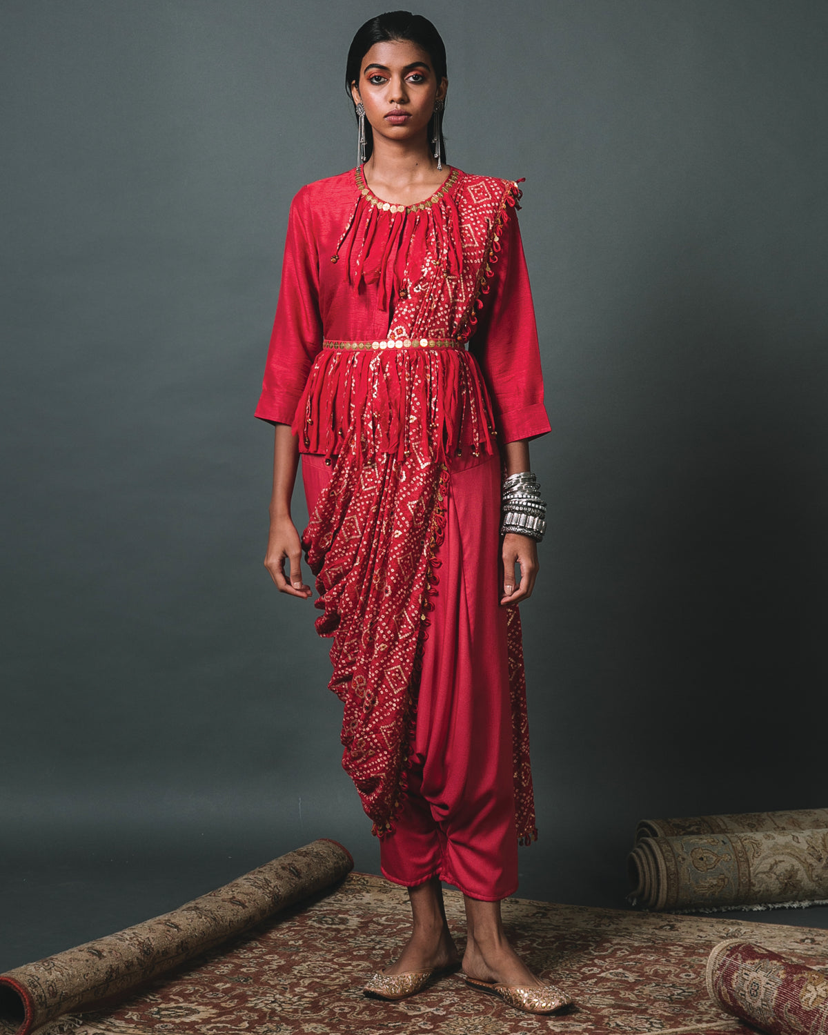 Red Bandhani Shirt, Pant, and Dupatta Set | Sonam Luthria