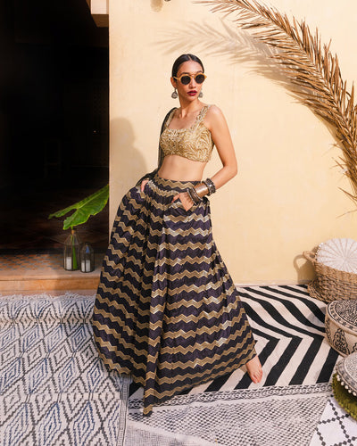 Black and Gold Chevron Lehenga by The Little Black Bow
