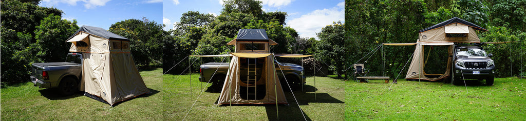 wanaka roof top tent with annex and three awnings
