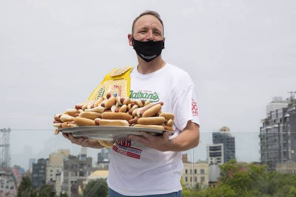 Joey Chestnut winning hot dog eating contest