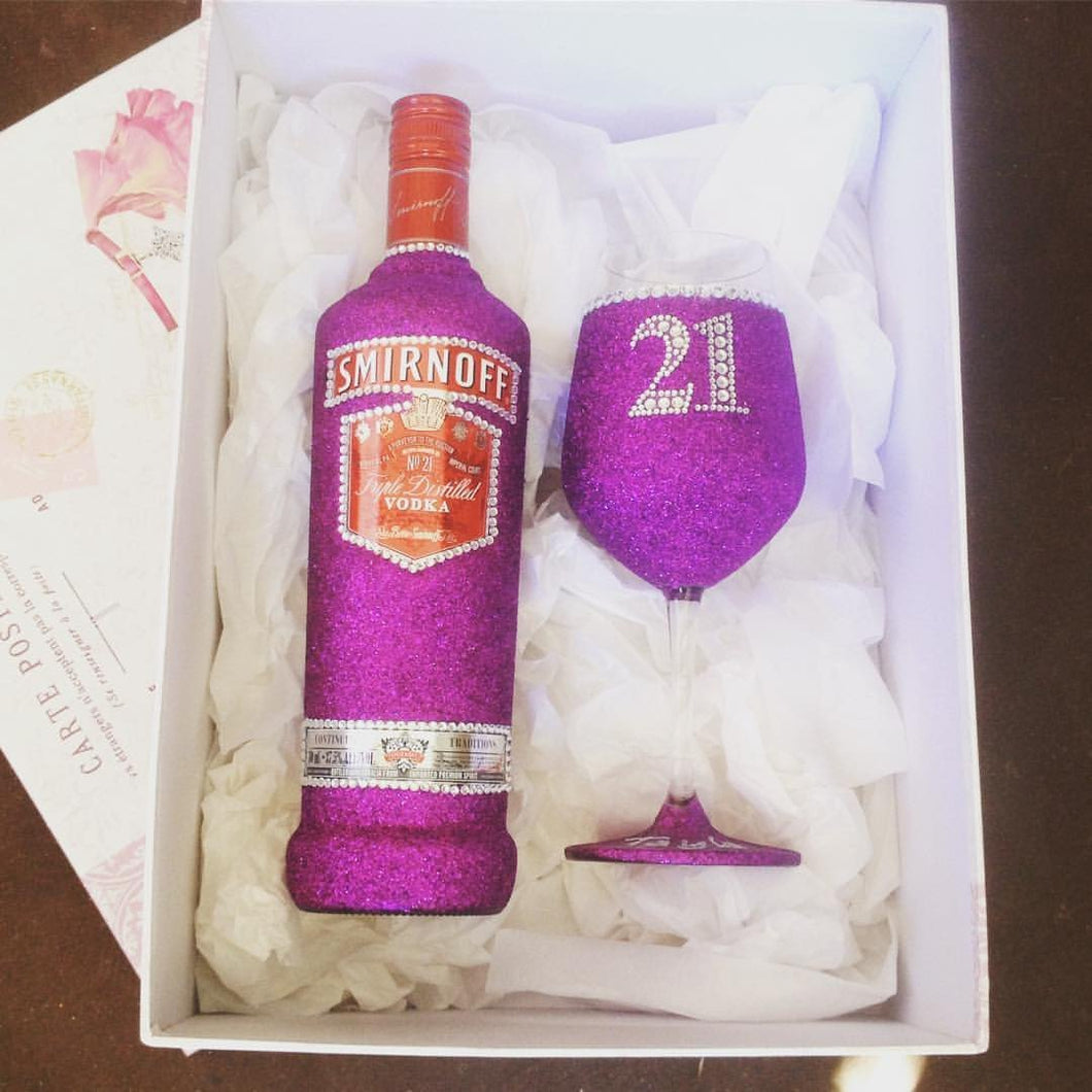 Smirnoff & 3/4 glittered Wine Glass Set Glittering Gifts