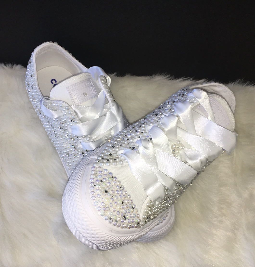 All Star Mono Converse With Pearls Diamonds & White Ribbon Laces ...