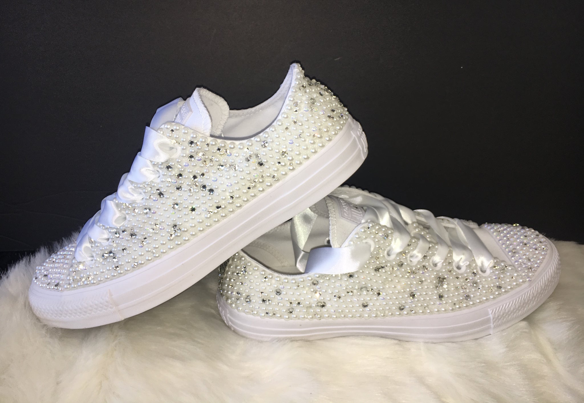 All Star Mono Converse With Pearls Diamonds & White Ribbon Laces ...