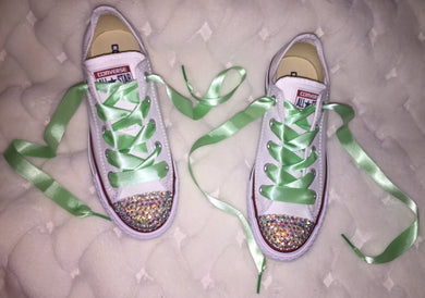 All Star Converse With AB Crystal & Mint Green Ribbon Laces