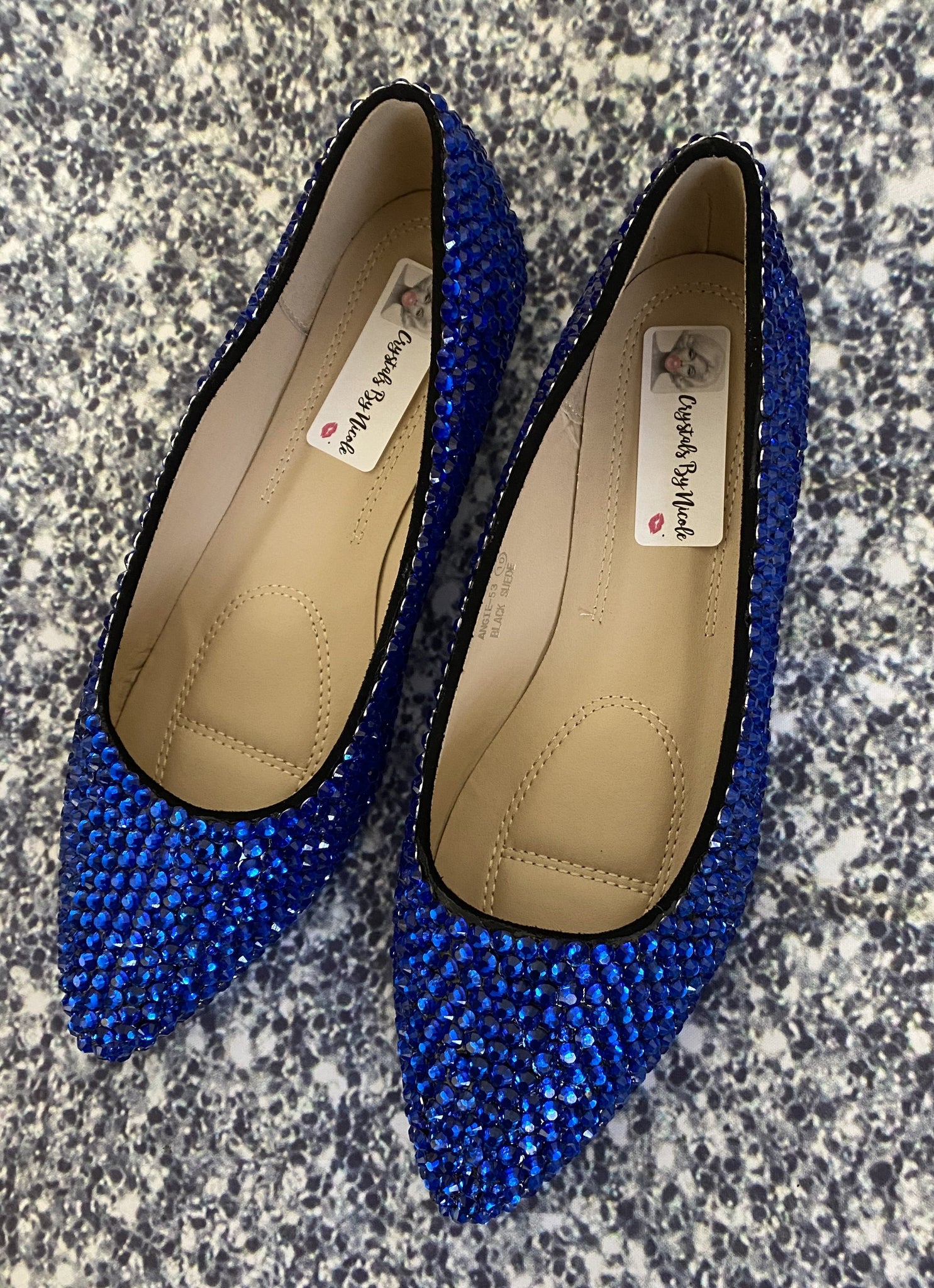 Bedazzled Ballet Pointy Style Flats In Black With Sapphire Blue Crysta ...