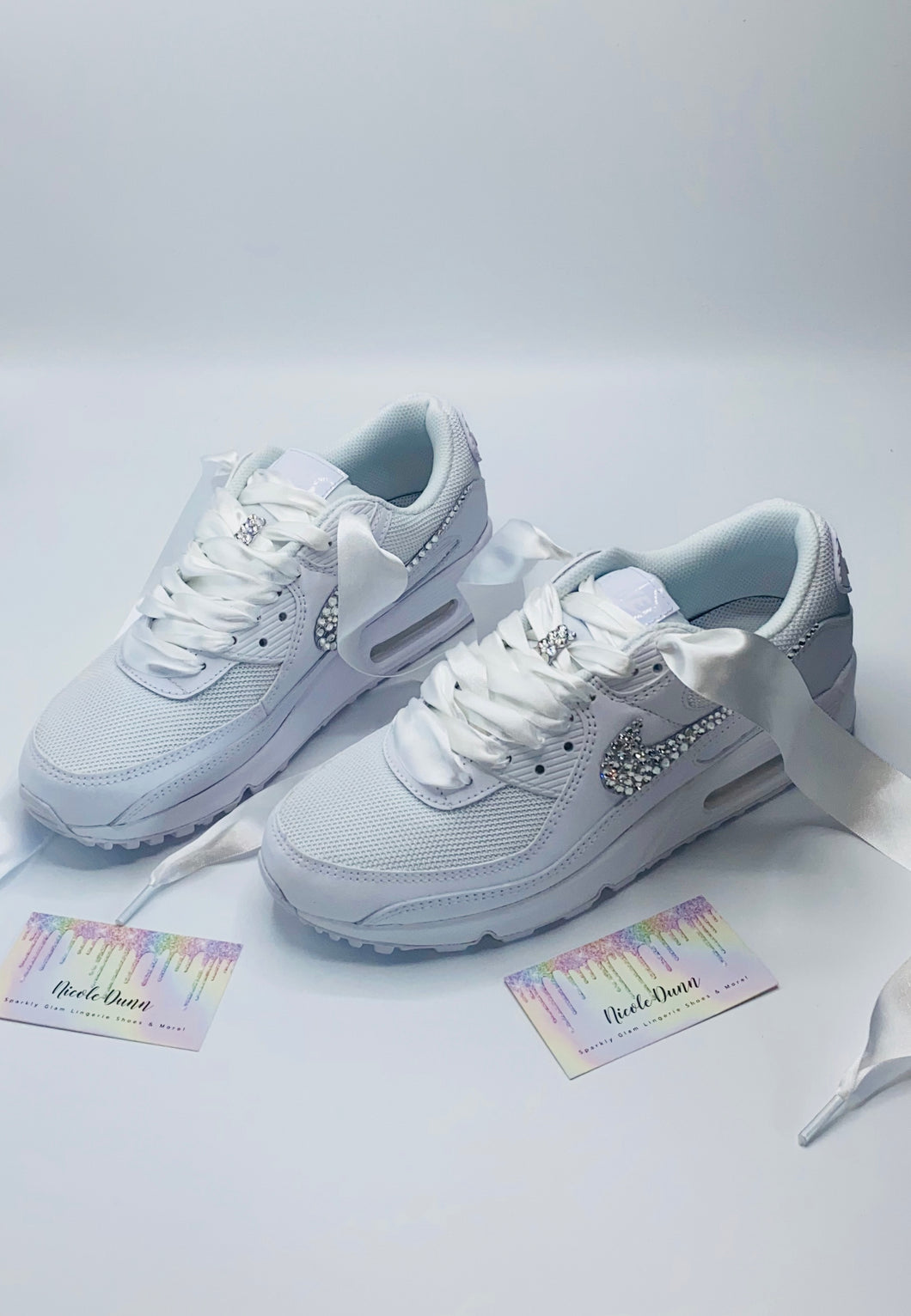 nike air max 90's in white with swarovski silver crystals