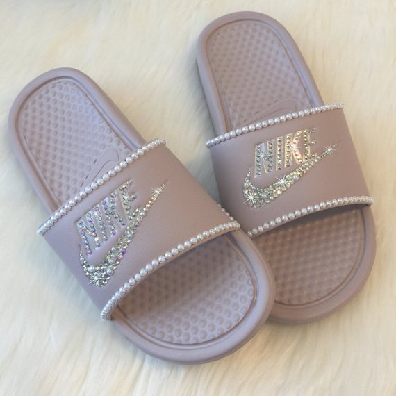 Bedazzled Crystal & Pearls Nike Slides In Mauve Pink – Crystals By ...