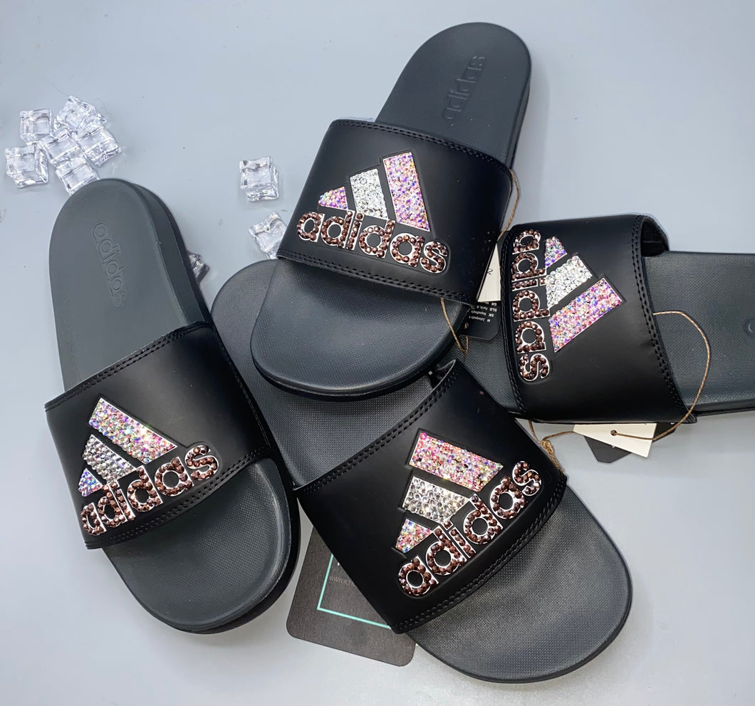 Crystal Rose Gold & Iridescent AB Adidas Slides In Black – Crystals By Nicole X Glam Sneakers
