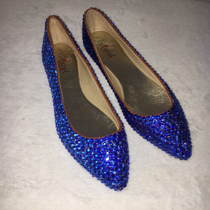Bedazzled Ballet Pointy Style Flats In Nude With Sapphire Blue Crystal ...