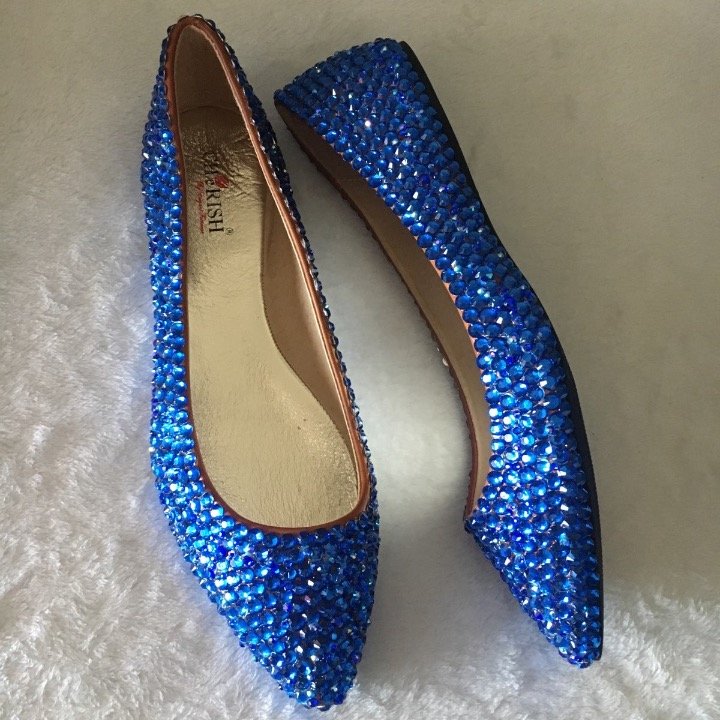 Bedazzled Ballet Pointy Style Flats In Nude With Sapphire Blue Crystal ...