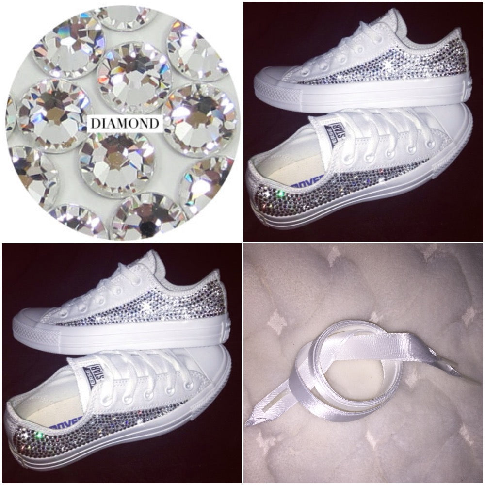 All Star Mono White Converse With Swarovski Crystals \u0026 White Ribbon –  Crystals By Nicole X Luxury Glam Shoes | Sneakers