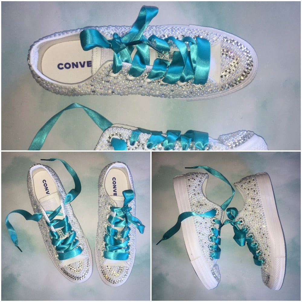 Mono Converse With Pearls & Diamonds & Teal Ribbon Laces – Crystals By ...