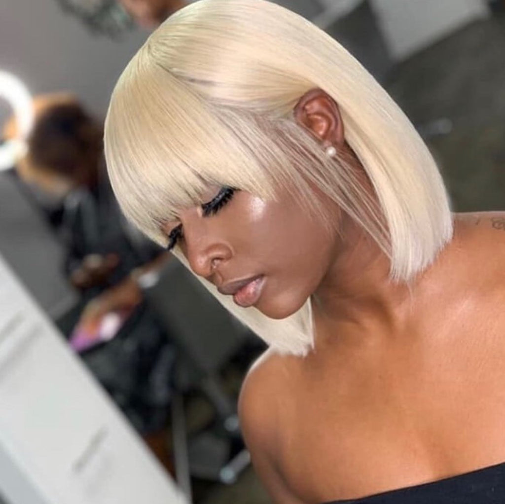 blonde #613 bob with bangs lace frontal wig full lace wig 100% human hair