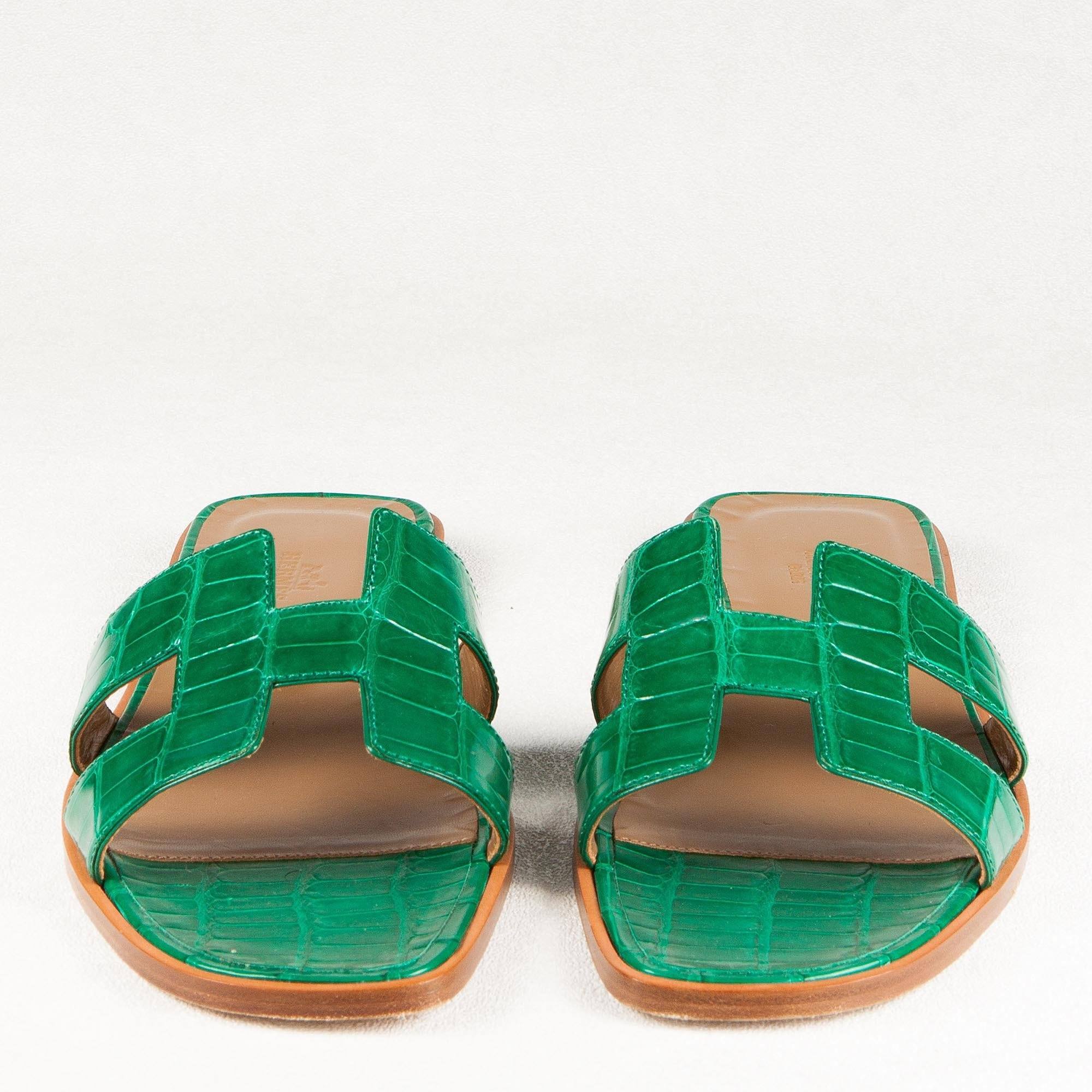 Hermes Crocodile Green Oran Sandals 
