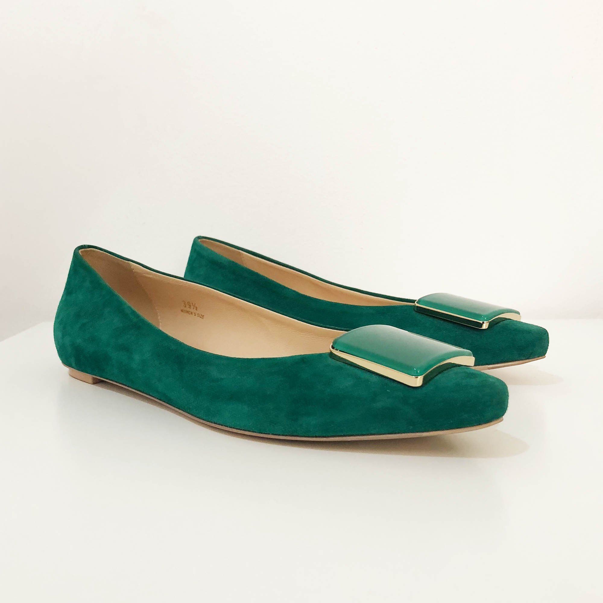 green pointed flats