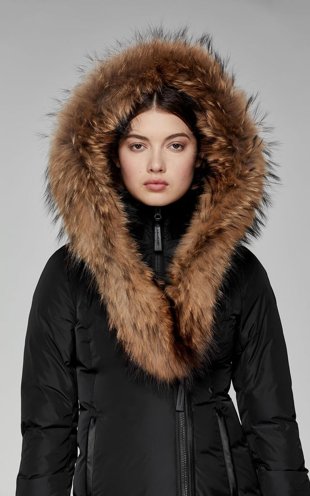 adali fitted winter down coat with hood and fur trim