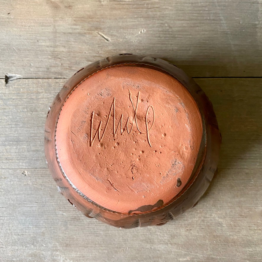 Footed Redware Bowl with Piecrust Edge and Star Motifs