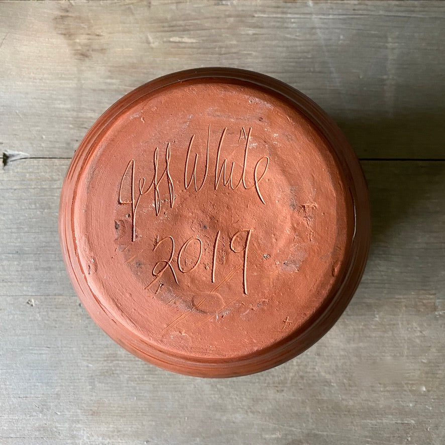 Small Redware Planter with Yellow Band & Green Sponge Glaze