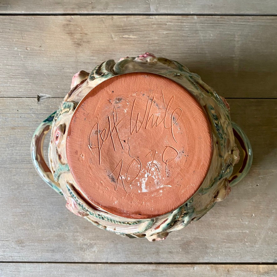 Cream Glazed Redware Bowl with Berries and Leaves