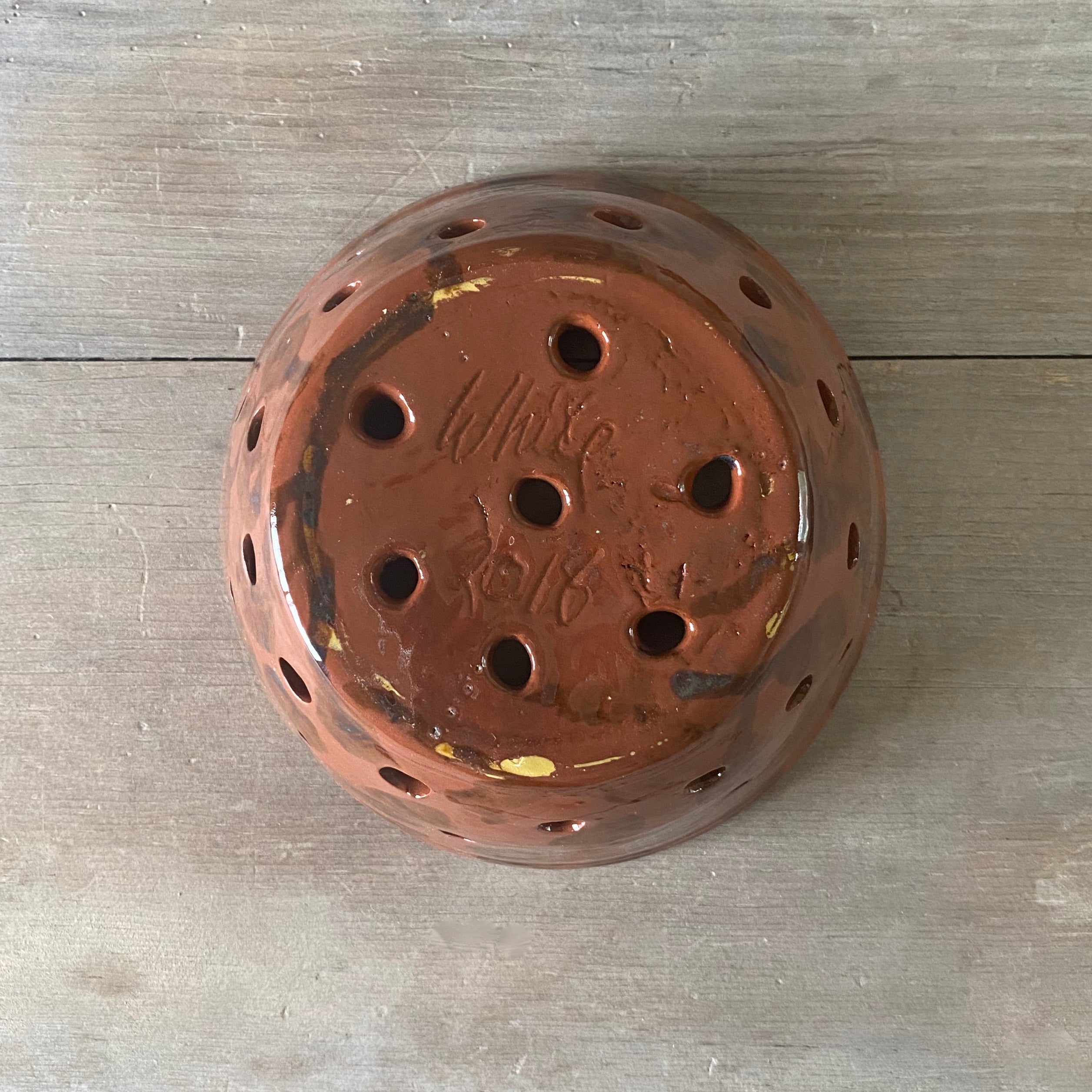 Redware Colander with Brown and Blue Dots