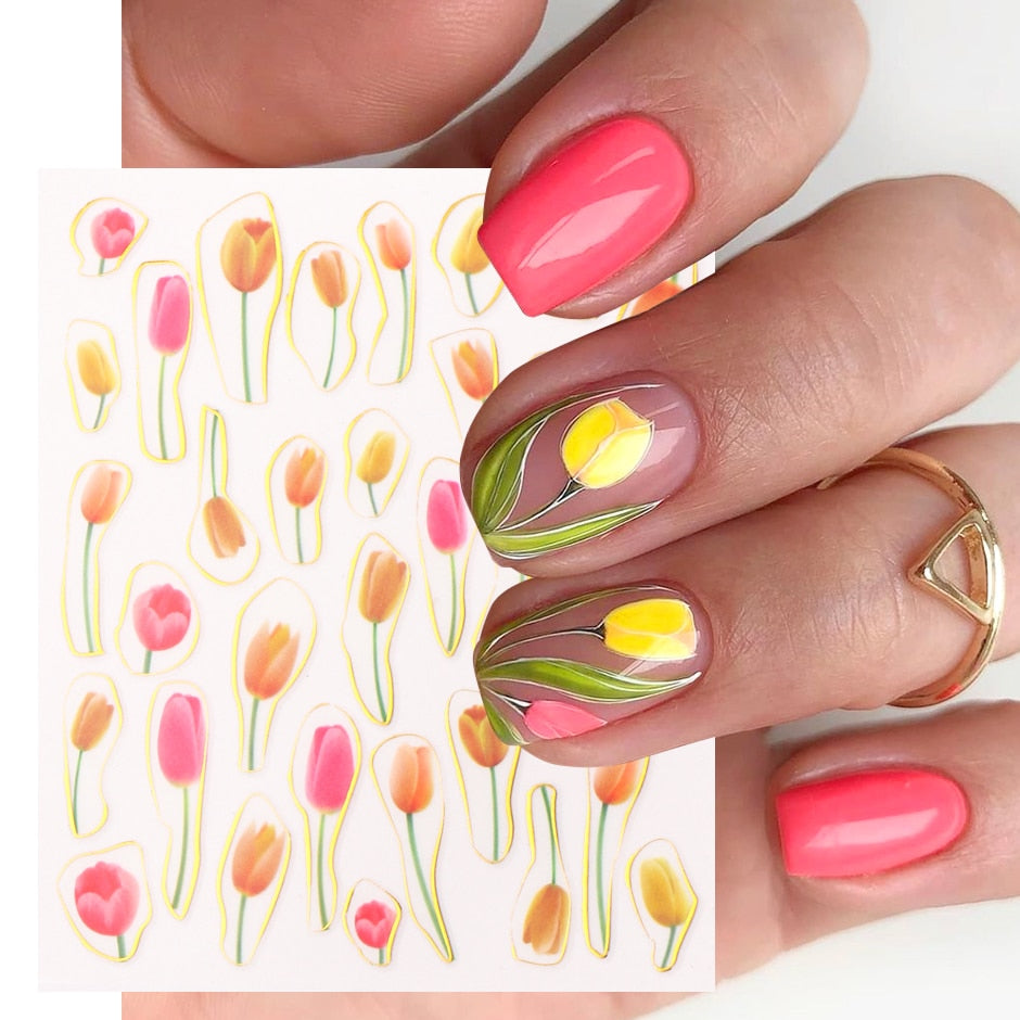 Gold Line Tulips Nail Art Stickers 3D Flowers Bouquet Design ...