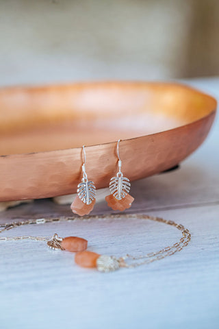 Peach Moonstone and Monstera Leaf Earrings