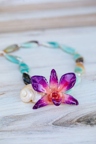 Amazonite and Real Orchid Statement Necklace