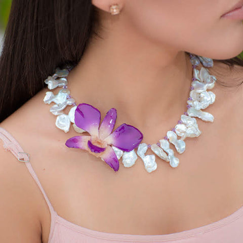 White Keshi Pearl and Real Orchid Necklace