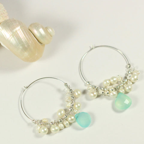 Pearl and Chalcedony Hoop Earrings