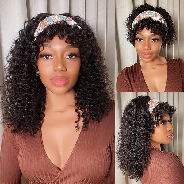 Headband Wigs With Bangs Deep Wave Short Curly Wig Human Hair For Wome –  Xtrend Hair