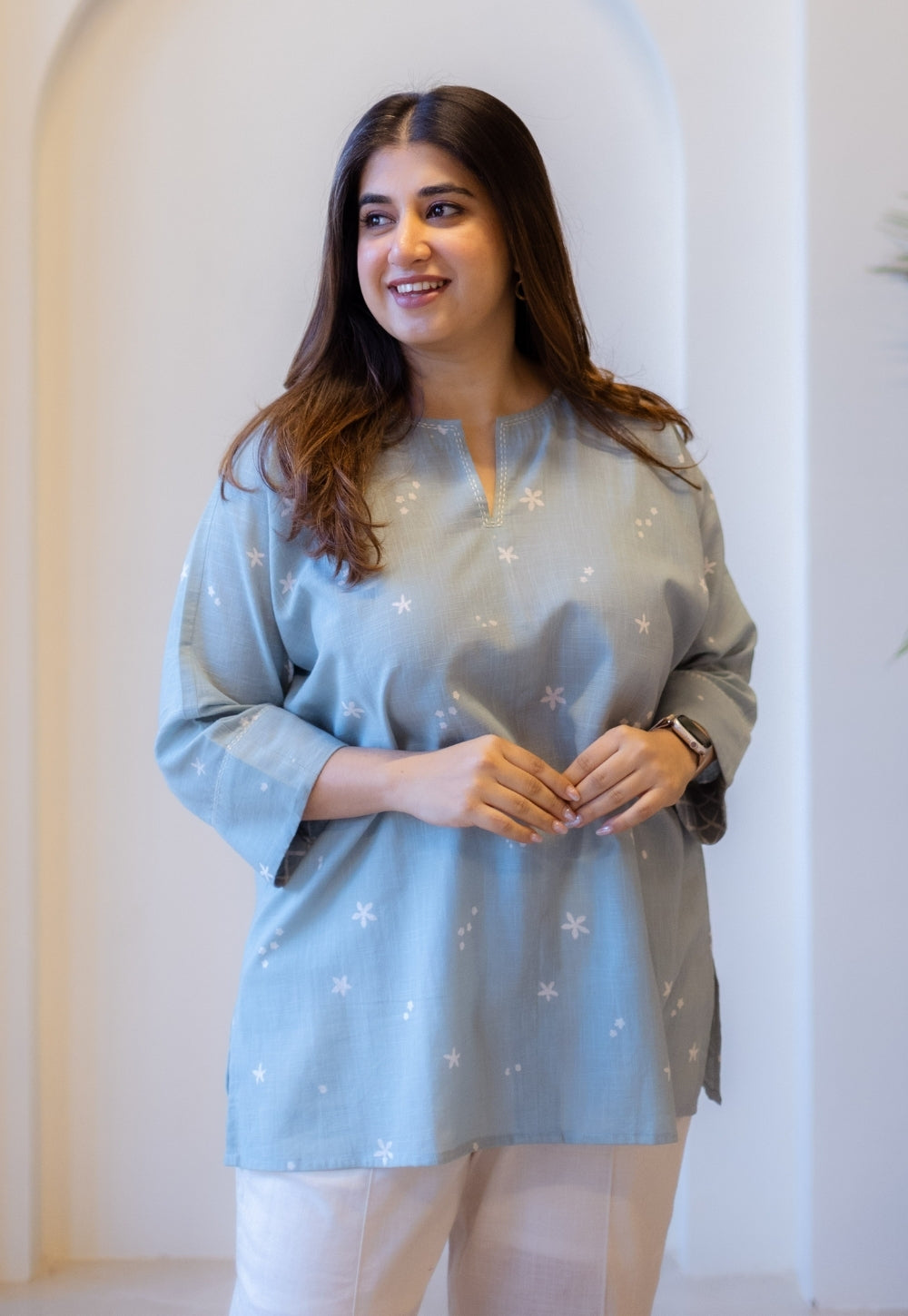 Product image for Lyla Sky Blue Hand Block Print Slub Cotton Straight Short Top with Hand Embroidery