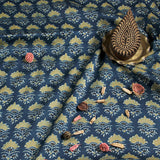 Indigo-Yellow Taaj Butti Ajrakh Modal Silk Natural Dyed Block Print Fabric