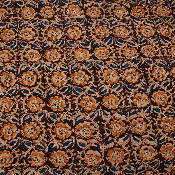 Brown & Yellow Poppy Kalamkari Hand Block Printed Cotton Fabric