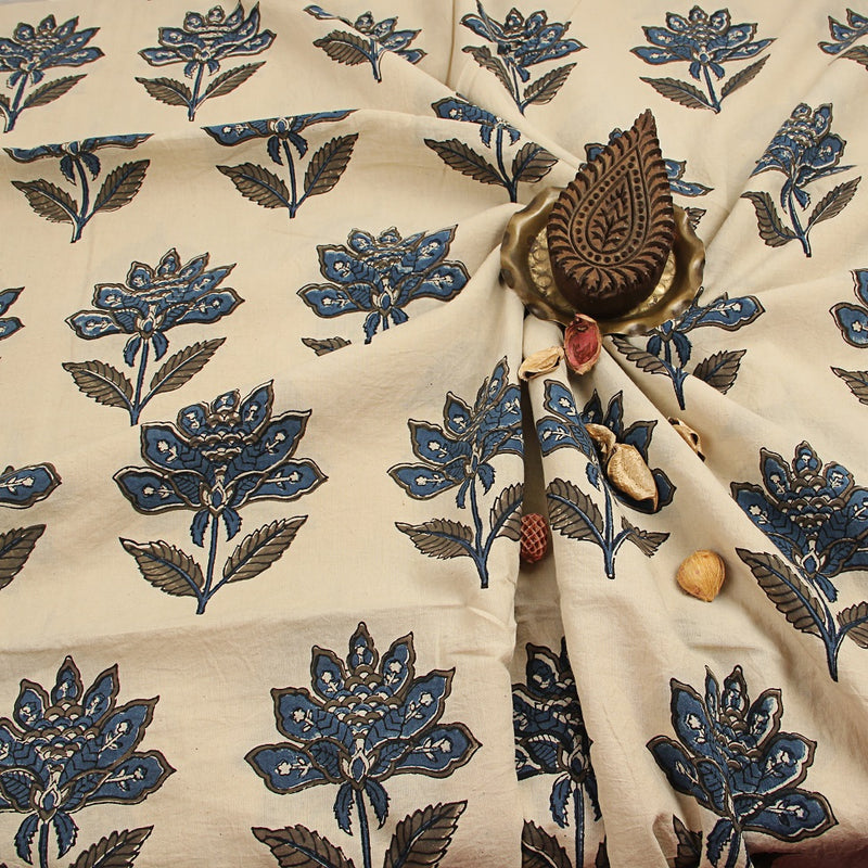 White Indigo Floral Ajrakh Hand Block Printed Cotton Fabric – THE ...