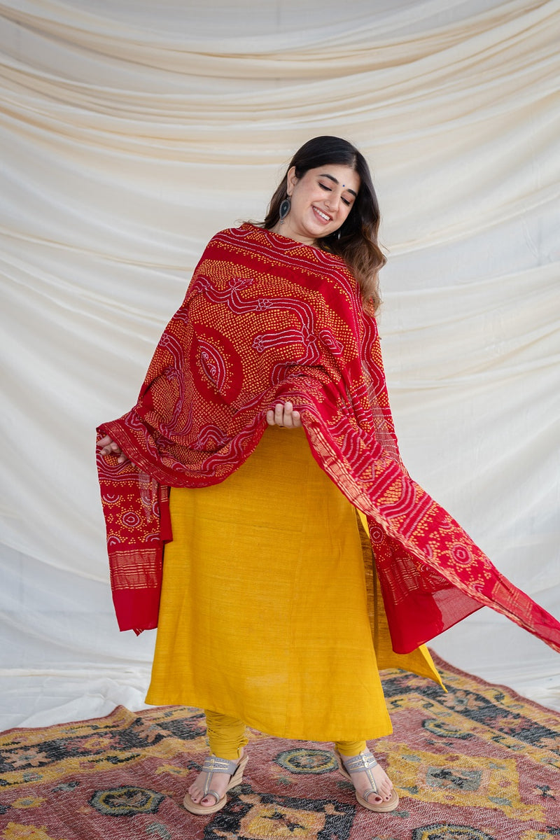 Red and Yellow Venkatgiri Handloom Cotton Bandhej Dupatta